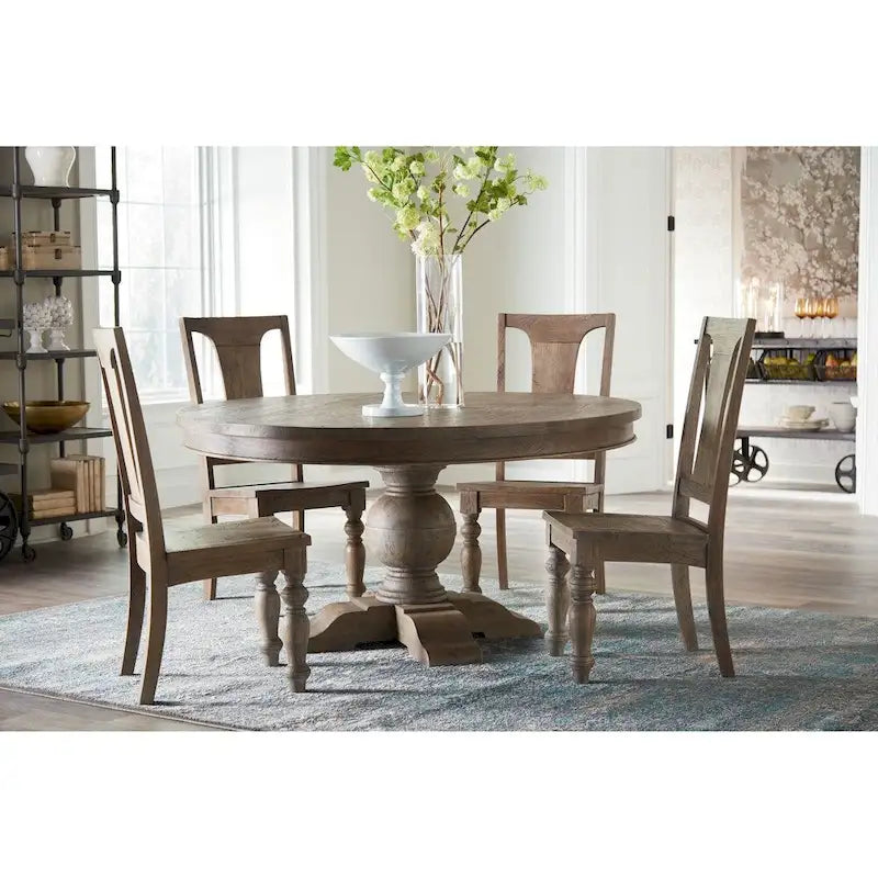 Table à manger ronde en teck vieilli gris, marron, 5 places