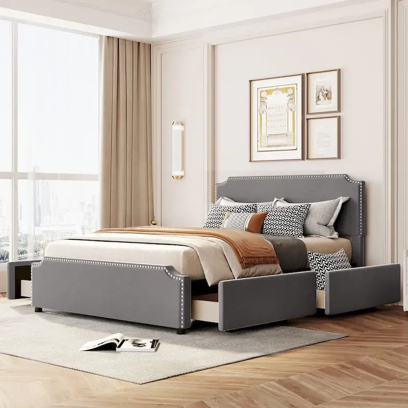 Lit de rangement capitonné en velours gris/beige Queen avec 4 tiroirs, assemblage par 2 personnes