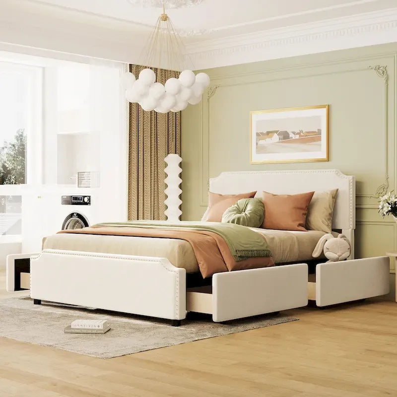 Lit de rangement capitonné en velours gris/beige Queen avec 4 tiroirs, assemblage par 2 personnes