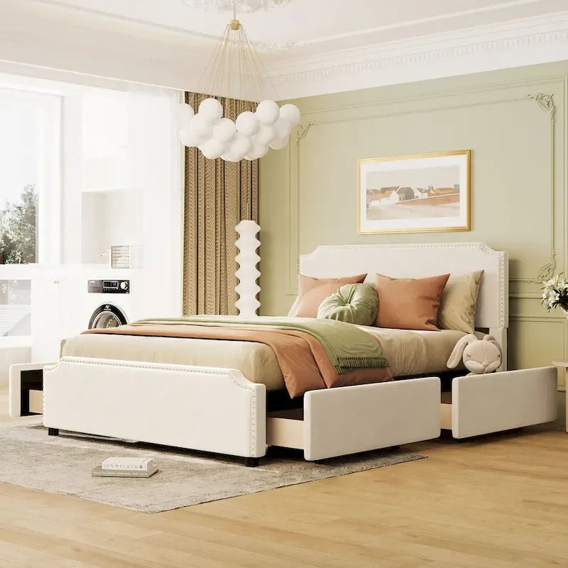 Lit de rangement capitonné en velours gris/beige Queen avec 4 tiroirs, assemblage par 2 personnes