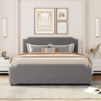 Lit de rangement capitonné en velours gris/beige Queen avec 4 tiroirs, assemblage par 2 personnes