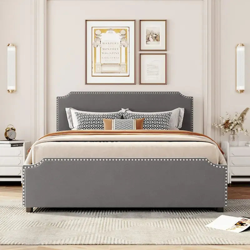 Lit de rangement capitonné en velours gris/beige Queen avec 4 tiroirs, assemblage par 2 personnes