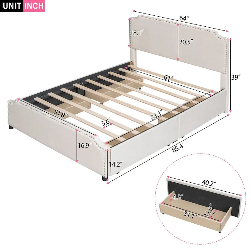 Lit de rangement capitonné en velours gris/beige Queen avec 4 tiroirs, assemblage par 2 personnes