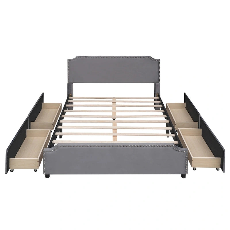 Lit de rangement capitonné en velours gris/beige Queen avec 4 tiroirs, assemblage par 2 personnes