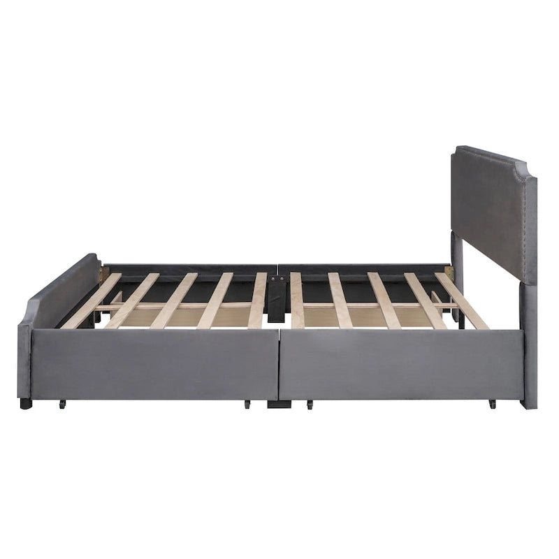 Lit de rangement capitonné en velours gris/beige Queen avec 4 tiroirs, assemblage par 2 personnes