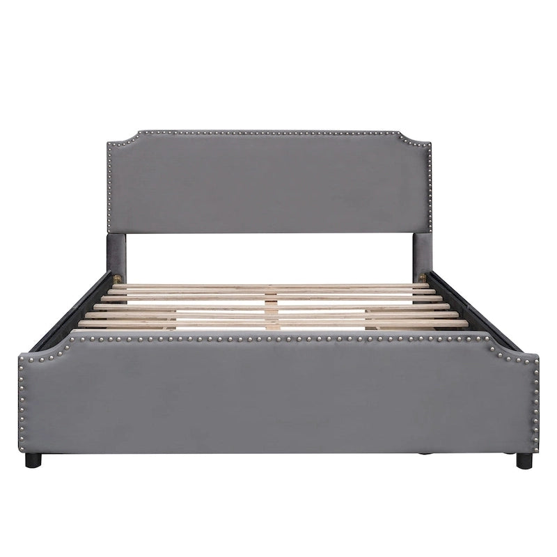 Lit de rangement capitonné en velours gris/beige Queen avec 4 tiroirs, assemblage par 2 personnes