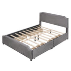 Lit de rangement capitonné en velours gris/beige Queen avec 4 tiroirs, assemblage par 2 personnes