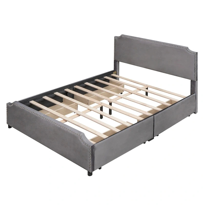 Lit de rangement capitonné en velours gris/beige Queen avec 4 tiroirs, assemblage par 2 personnes