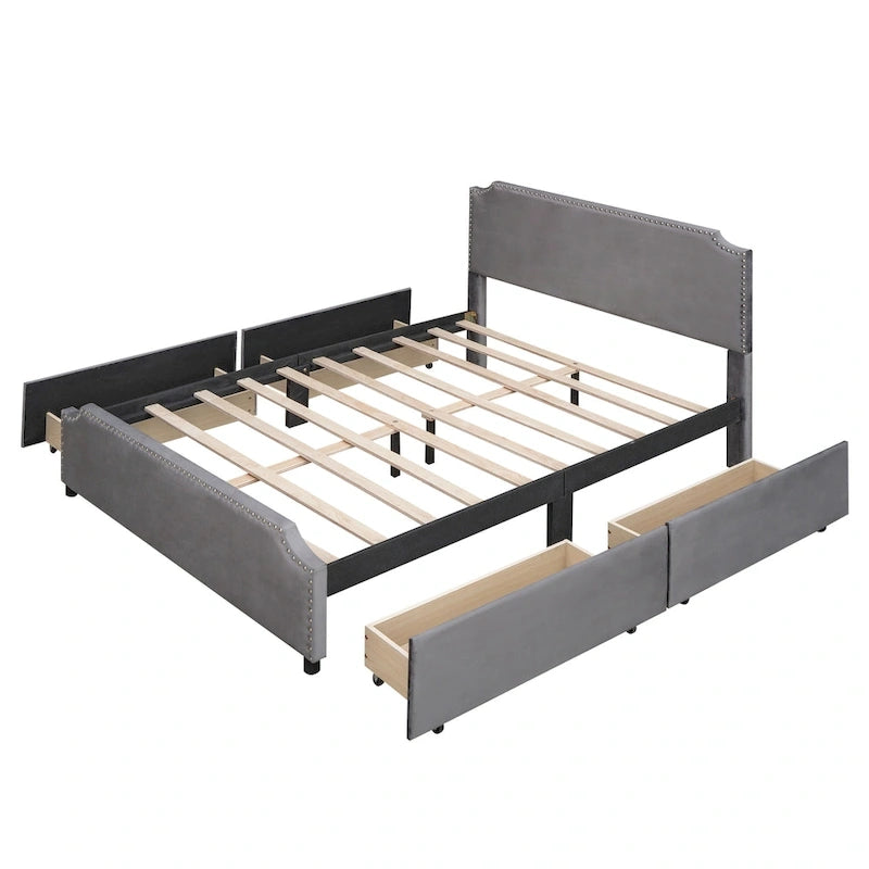 Lit de rangement capitonné en velours gris/beige Queen avec 4 tiroirs, assemblage par 2 personnes