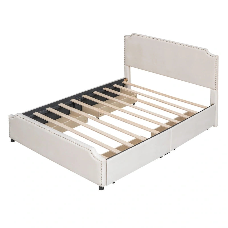 Lit de rangement capitonné en velours gris/beige Queen avec 4 tiroirs, assemblage par 2 personnes