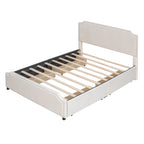 Lit de rangement capitonné en velours gris/beige Queen avec 4 tiroirs, assemblage par 2 personnes