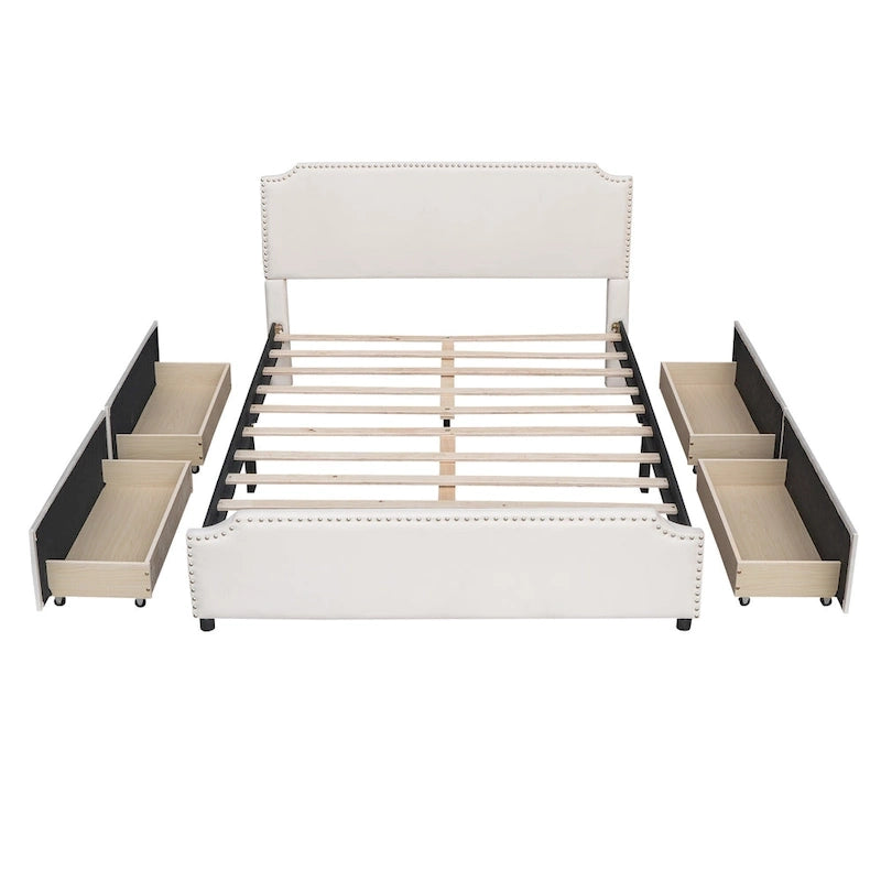 Lit de rangement capitonné en velours gris/beige Queen avec 4 tiroirs, assemblage par 2 personnes