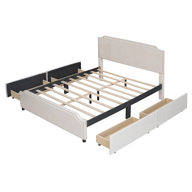Lit de rangement capitonné en velours gris/beige Queen avec 4 tiroirs, assemblage par 2 personnes