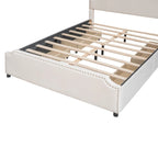 Lit de rangement capitonné en velours gris/beige Queen avec 4 tiroirs, assemblage par 2 personnes