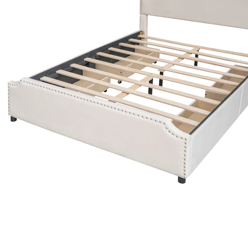 Lit de rangement capitonné en velours gris/beige Queen avec 4 tiroirs, assemblage par 2 personnes
