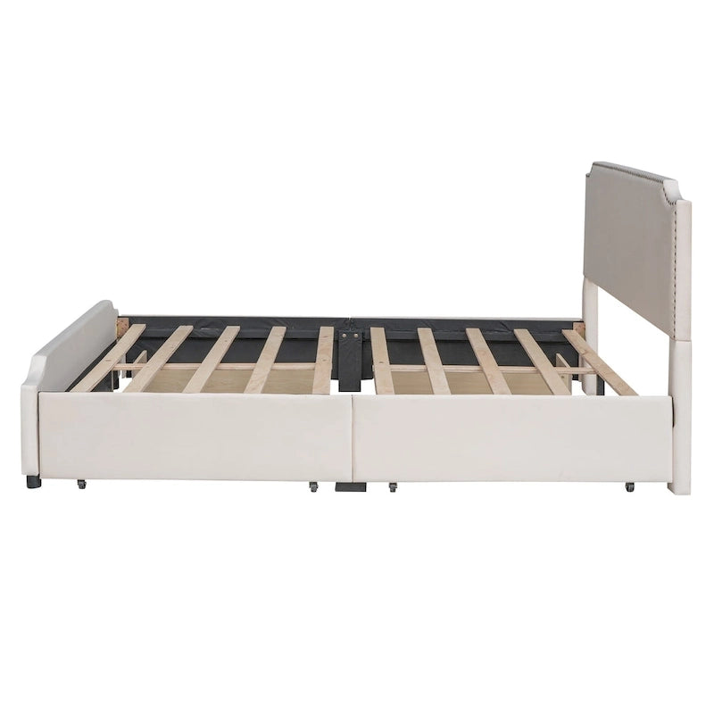Lit de rangement capitonné en velours gris/beige Queen avec 4 tiroirs, assemblage par 2 personnes