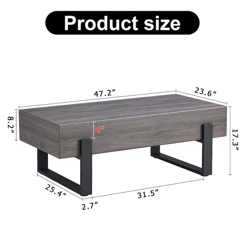 Une table basse en MDF de couleur gris rustique avec des pieds en métal noir – Un espace élégant aux tons de bois naturel