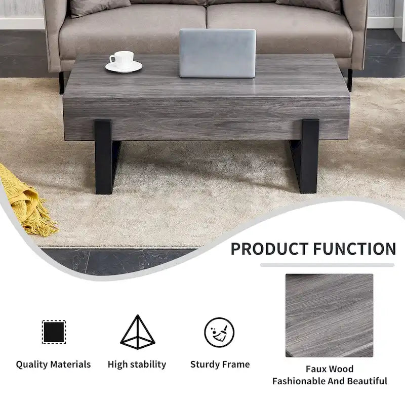 Une table basse en MDF de couleur gris rustique avec des pieds en métal noir – Un espace élégant aux tons de bois naturel