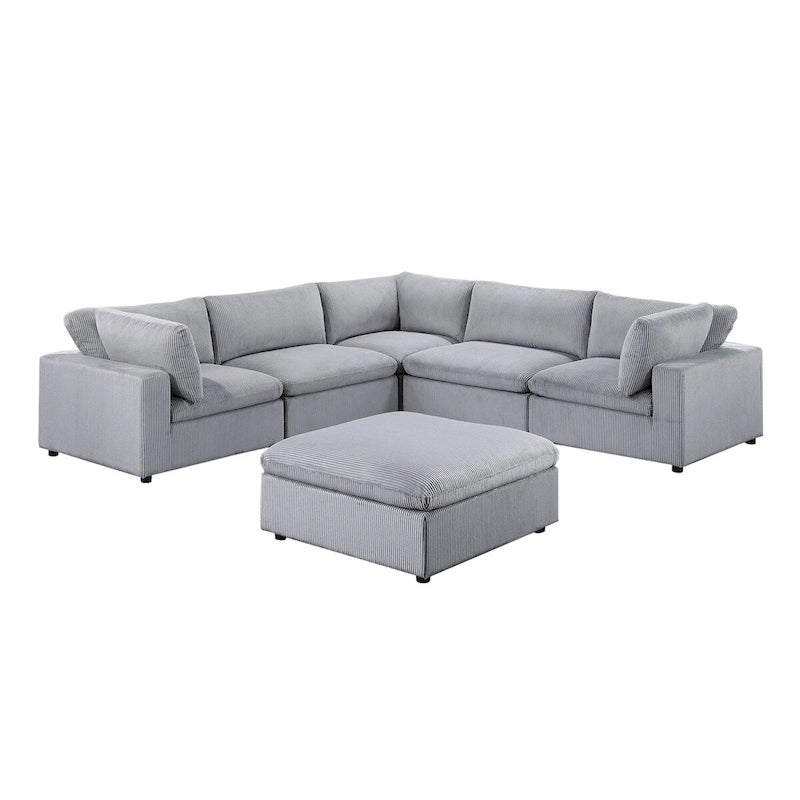 Canapé d'angle modulaire en velours côtelé 6 pièces avec ottoman