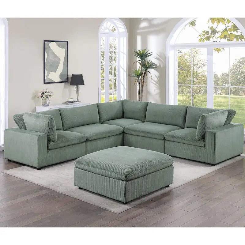 Canapé d'angle modulaire en velours côtelé 6 pièces avec ottoman